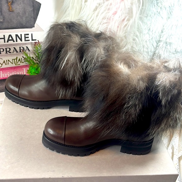 NIB $1495 Jimmy Choo dana cuffed boots rabbit fur trim brown - Picture 6 of 16